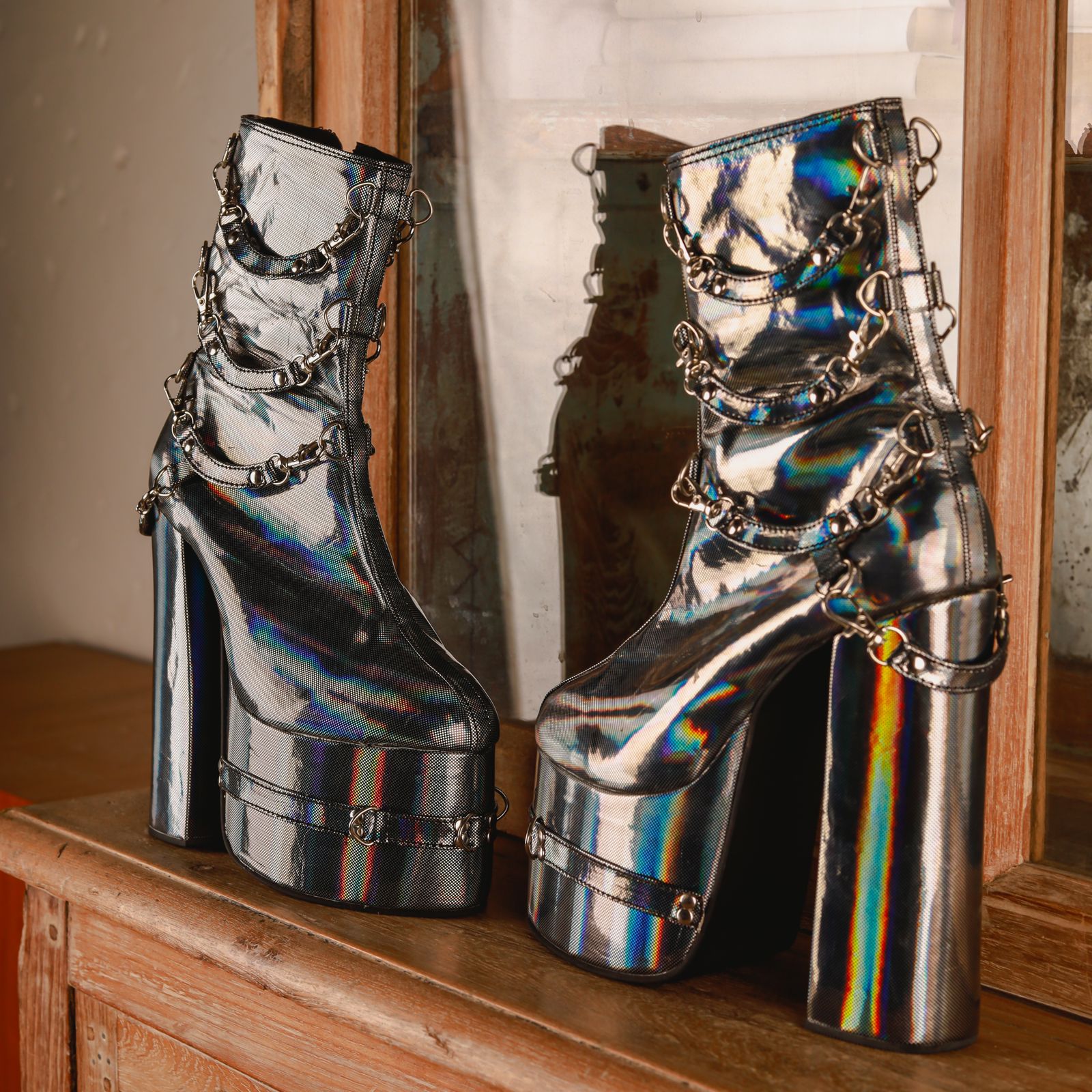 Bravo (Boots Platform Blocks , Gun Metal Silver Metallic grey Boots Ankle Length)