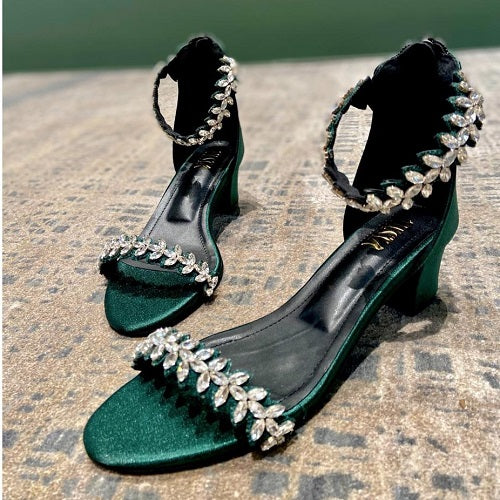 Bling Bride (Green block heels stones Diamond shoes)