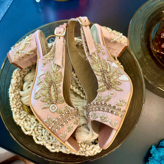 Sabya Light Pink Hand Embroidered Slingback bridal block heels