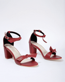 Ankle-Strap Chunky Heeled Knot Sandals - Maroon