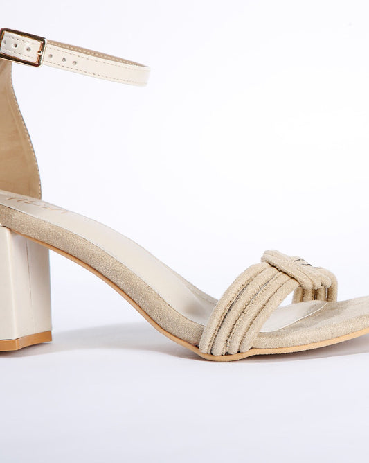 Ankle-Strap Chunky Heeled Sandals - Beige