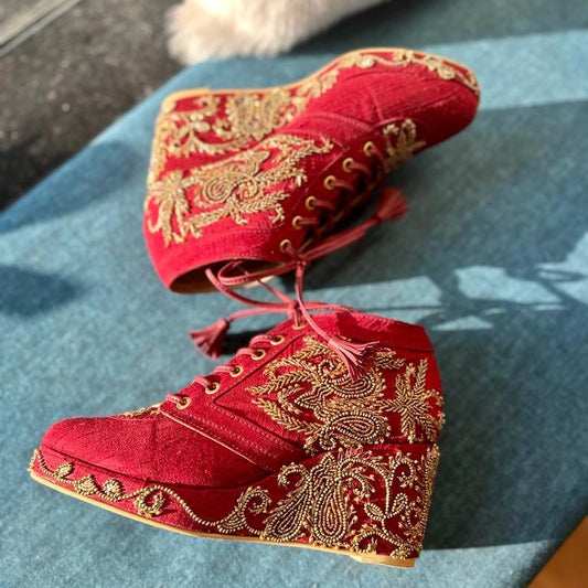 Maroon Bridal Sneaker Wedges with Gold Embroidery - Customised Wedding Shoes