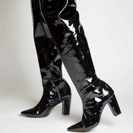 High Knee Black Patent Boots