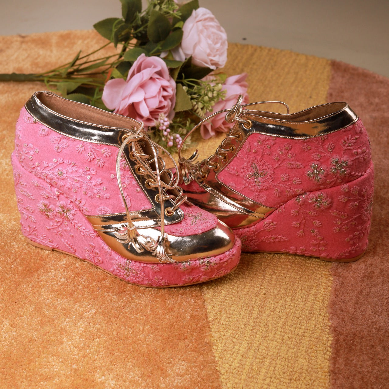 Pink Embroidered Bridal Sneaker Wedges - Customized Wedding Shoes