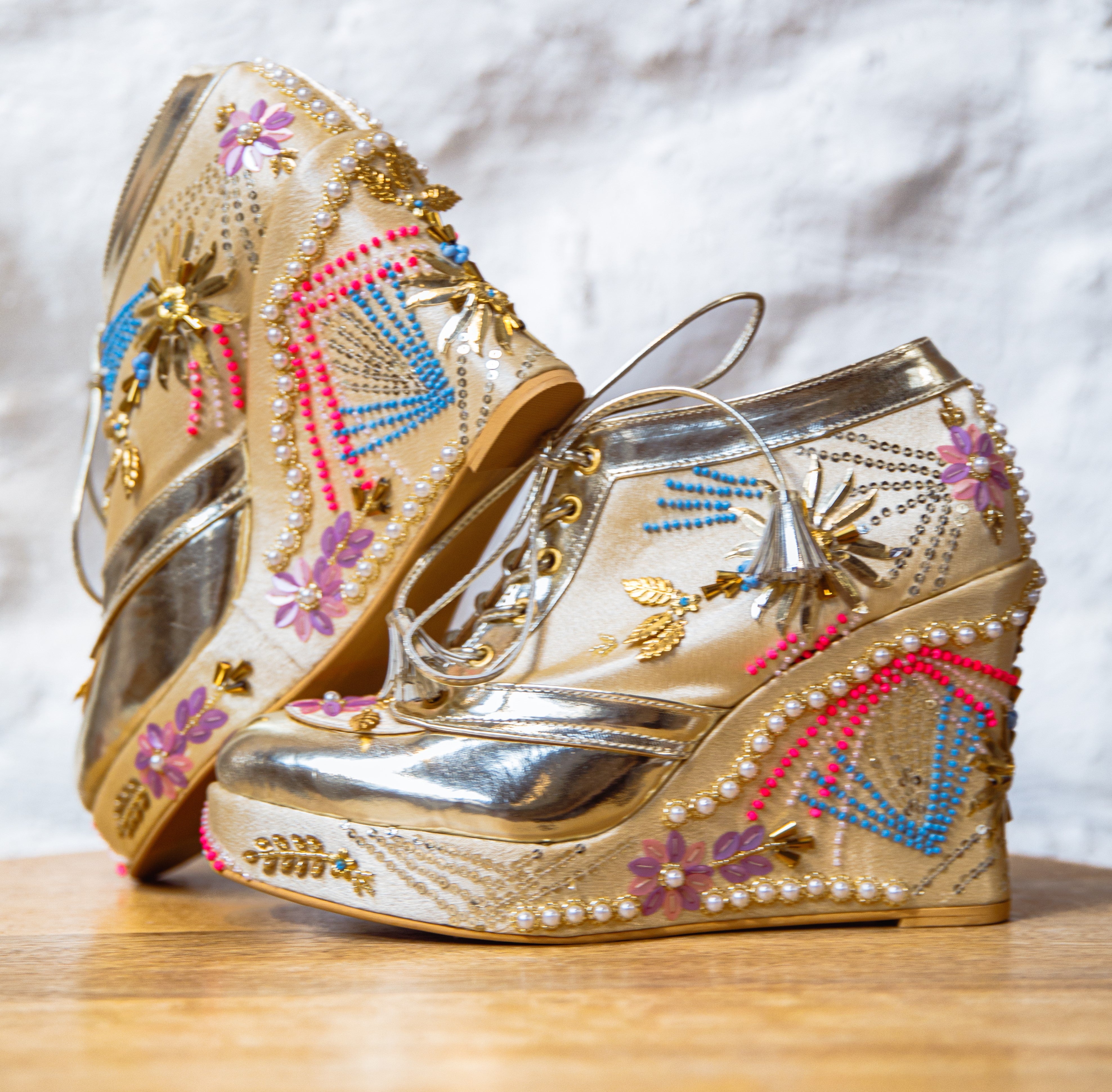 Gold Embroidered Bridal Sneaker Wedges - Customized Wedding Shoes