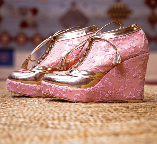 Pink Self Embroidered Bridal Sneaker Wedges - Customized Wedding Shoes